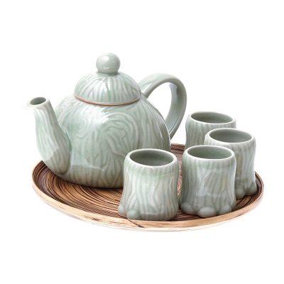 Elephant Tea Party,'Celadon Ceramic Elephant Tea Set and Bamboo Tray (Set for 4)'