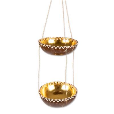Coconut Prosperity,'Handcrafted Coconut Shell Hanging Planter in a Dark Hue'