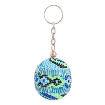 Blue Sphere,'Handmade Beaded Keychain and Bag Charm in Blue Green & Black'