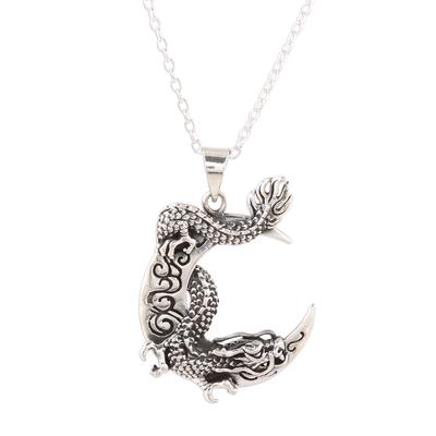 Dragon Crescent,'Dragon Crescent Sterling Silver Pendant Necklace from India'