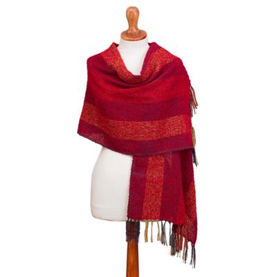 Red Passion,'Alpaca Blend Fringed Shawl with Red S...