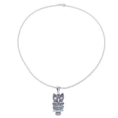 Owl Flair,'Combination Finish Sterling Silver Owl Pendant Necklace'