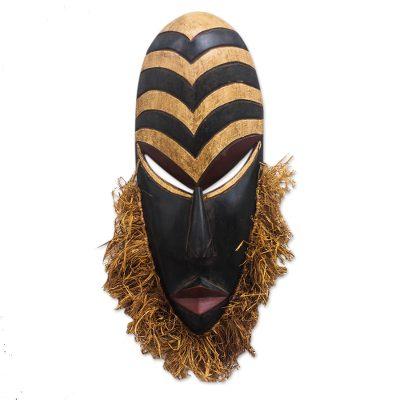 Sweet Agbevivi,'Hand Carved Wood and Raffia African Mask from Ghana'