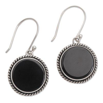 Midnight Circles,'Onyx and Sterling Silver Circular Dangle Earrings form Bali'