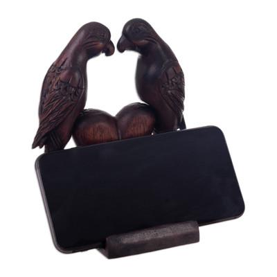 'Hand-Carved Cedar Wood Phone Holder of Cockatoos in Love'