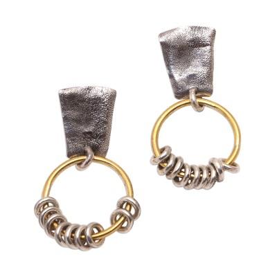 Nine Rings,'Modern Sterling Silver and Brass Dangle Earrings from Bali'