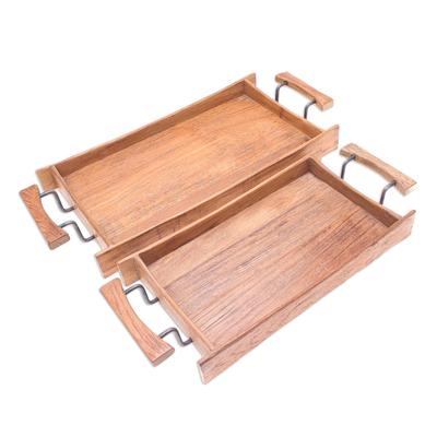 Favorite Breakfast,'Hand Made Teak Wood and Iron Serving Trays (Pair)'