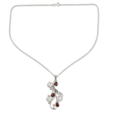 Dreamy Blossom,'Fair Trade Floral Pearl and Garnet Pendant Necklace'