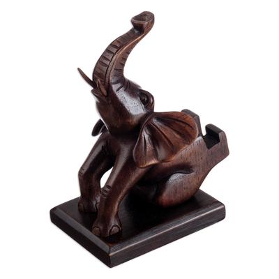 'Cedar Wood Hand-Carved Elephant Phone Holder from Peru'