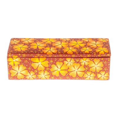 'Hand-Painted Orange Decorative Wood Box with Floral Details'