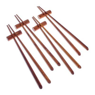 Miraculous,'Teak Wood Chopsticks from Thailand Set of 4 with Rests'