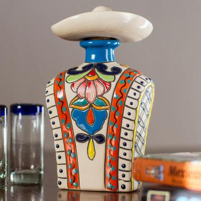 Serape in Orange,'Orange and Colorful Serape and Hat Ceramic Tequila Decanter'