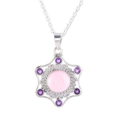 Charismatic Beauty,'Pink Chalcedony and Amethyst Pendant Necklace from India'