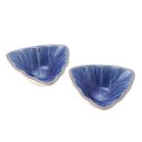 Luxe Leaves in Blue,'Handcrafted Triangular Blue Ceramic Condiment Servers (Pair)'