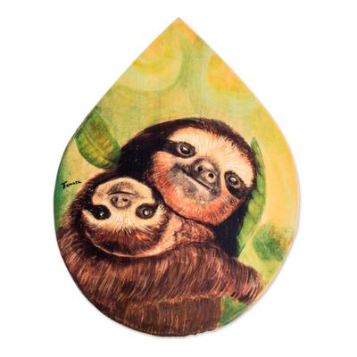 Mother Sloth,'Hand-Painted Sloth-Themed Wood Plaque Wall Art'