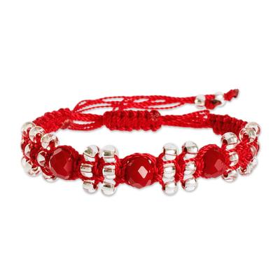 Red on Red,'Crimson and Clear Beaded Macrame Bracelet from Costa Rica'