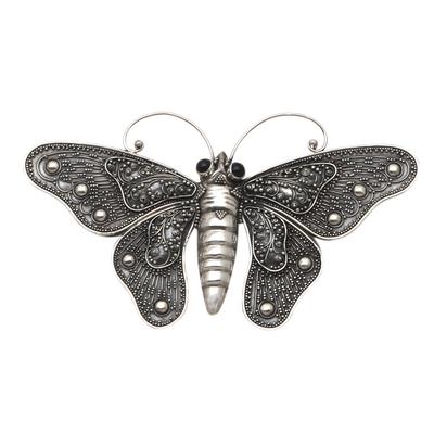 Breathtaking Butterfly,'Sterling Silver and Onyx Butterfly Brooch'