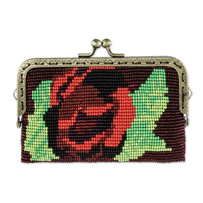 A Crimson Rose,'Beaded Black Clutch Handbag with Crimson Rose Motif'