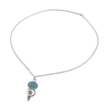 Sentimental Journey,'Blue Topaz and Chalcedony Pendant Necklace from India'