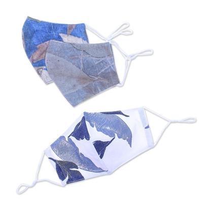 '3 Eco-Dyed Blue-White-Grey Print Cotton 3-Layer Face Masks'