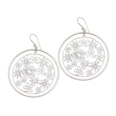 Circle Bouquet,'Sterling Silver Circles with Flowers Dangle Earrings'