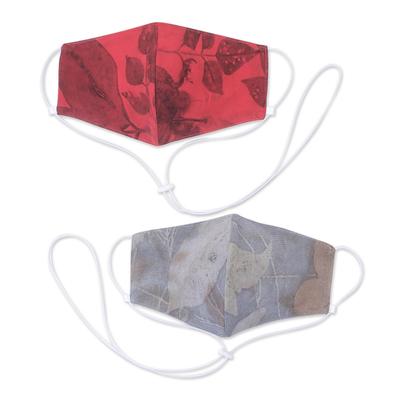 'Unique Eco-Printed Red and Grey Cotton Face Masks (Pair)'