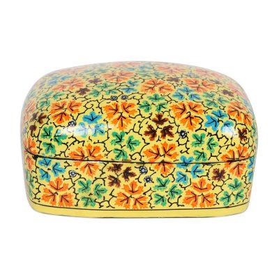 Buttercup Foliage,'Handmade Yellow Papier Mache Leaf Motif Decorative Box'