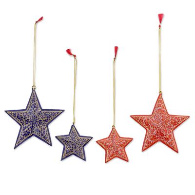 Starry Delight,'Four Blue and Red Papier Mache Sta...