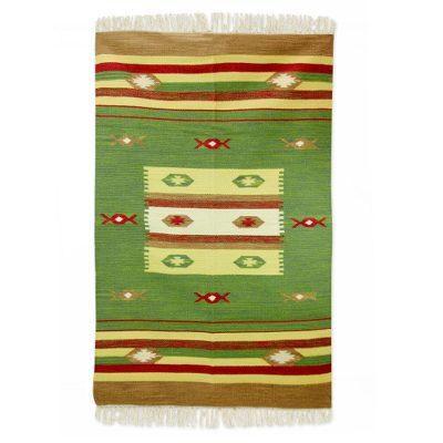 Autumn Muse,'Green and Multicolor Wool Area Rug Woven on Handloom (4x6)'