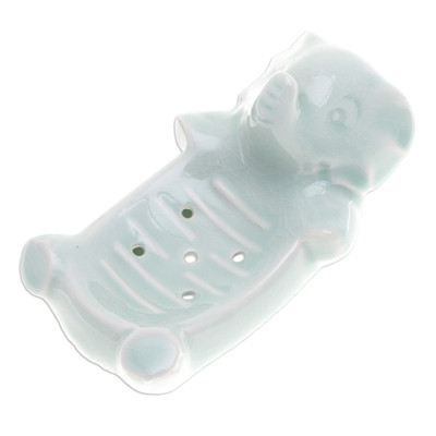 'Handcrafted Green Celadon Ceramic Elephant-Themed Soap Dish'