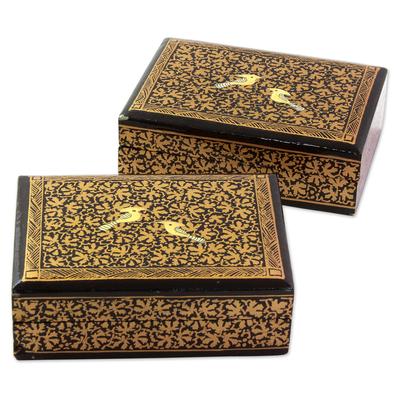 Avian Whispers in Gold,'Hand Painted Wood Mini Decorative Boxes (Pair) from India'