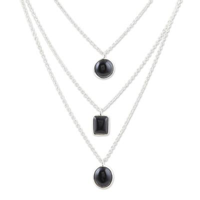 'Sterling Silver 3-Strand Black Onyx Pendant Necklace'