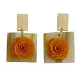 'Square Gold-Accented Wood and Horn Floral Dangle Earrings'