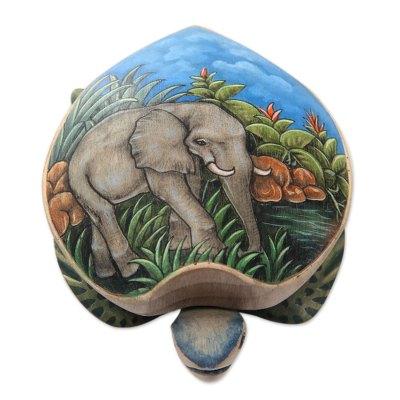 Wood jewelry box, 'Turtle and Elephant'