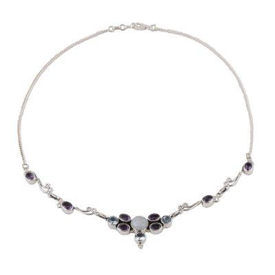 Sparkling Symphony,'Multi Gemstone Sterling Silver Pendant Necklace from India'