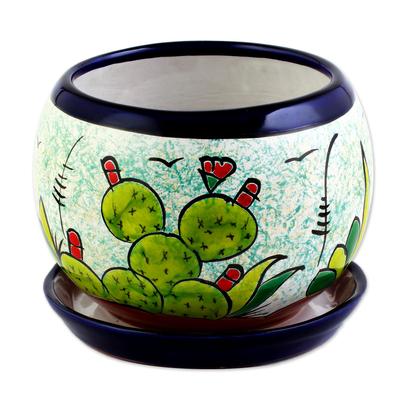 Mexican Memories,'Handcrafted Ceramic Flower Pot with Cactus Images'
