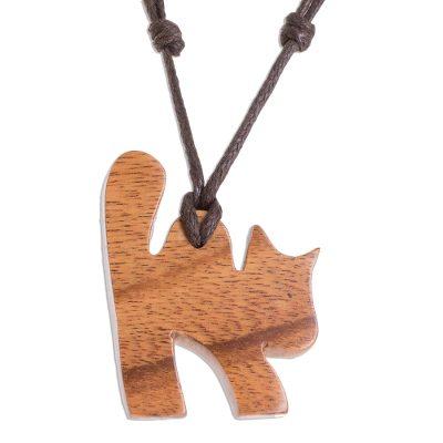 Jobillo Cat,'Jobillo Wood Cat Pendant Necklace from Costa Rica'