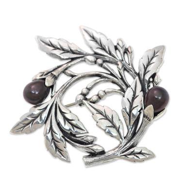 Cultured freshwater pearl brooch pin, 'Ebony Buds'