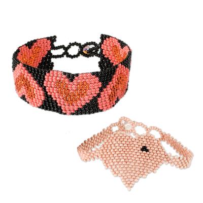 Hearts in Melon and Peach,'Heart Motif Friendship Bracelets in Melon and Peach (Pair)'