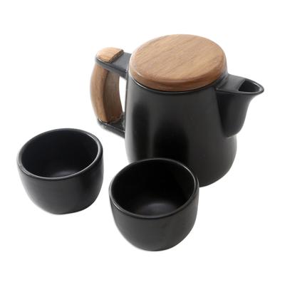 Midday Tea in Black,'Black Ceramic and Teak Wood T...
