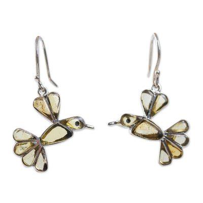 Golden Wren,'Amber Bird Dangle Earrings from Mexico'
