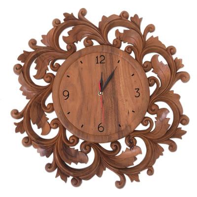 Time to Blossom,'Hand-carved Wood Wall Clock from Bali'