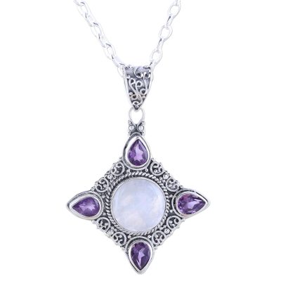 Eternal Delight,'Amethyst and Rainbow Moonstone Silver Pendant Necklace'