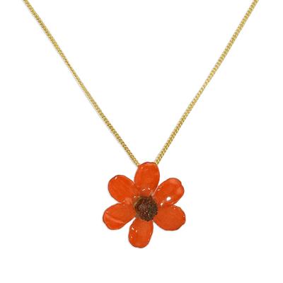 Zinnia Charm in Scarlet,'22k Gold Plated Red Zinnia Flower Pendant from Thailand'