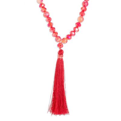 Sea Crystals in Red,'Handmade Agate and Crystal Beaded Red Long Tassel Necklace'