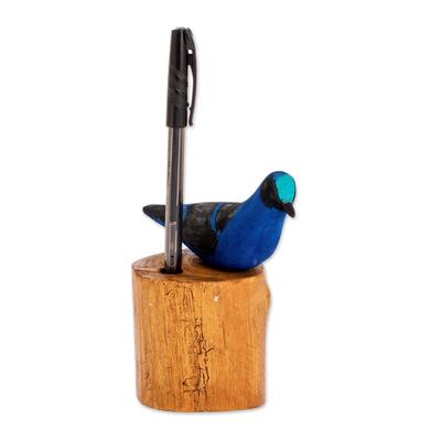 Turquoise Honeycreeper,'Hand Carved 'Turquoise Honeycreeper' Bird Wood Pencil Holder'