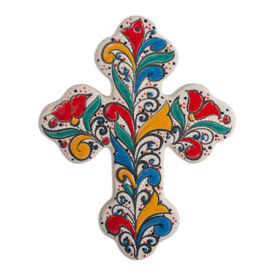 Flourishing Faith,'Handmade Ceramic Wall Cross with Colorful Motifs (8 Inch)'