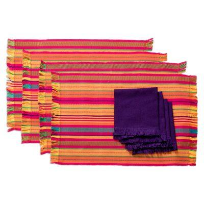 Cerise Fair,'Handwoven Cotton Striped Placemats with Napkins (Set of 4)'