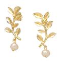 '18k Gold-Plated Dangle Earrings with Olive Leaves and Pearls'