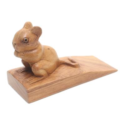 Charming Mouse in Brown,'Hand Carved Suar Wood Mouse Door Stopper in Brown from Bali'